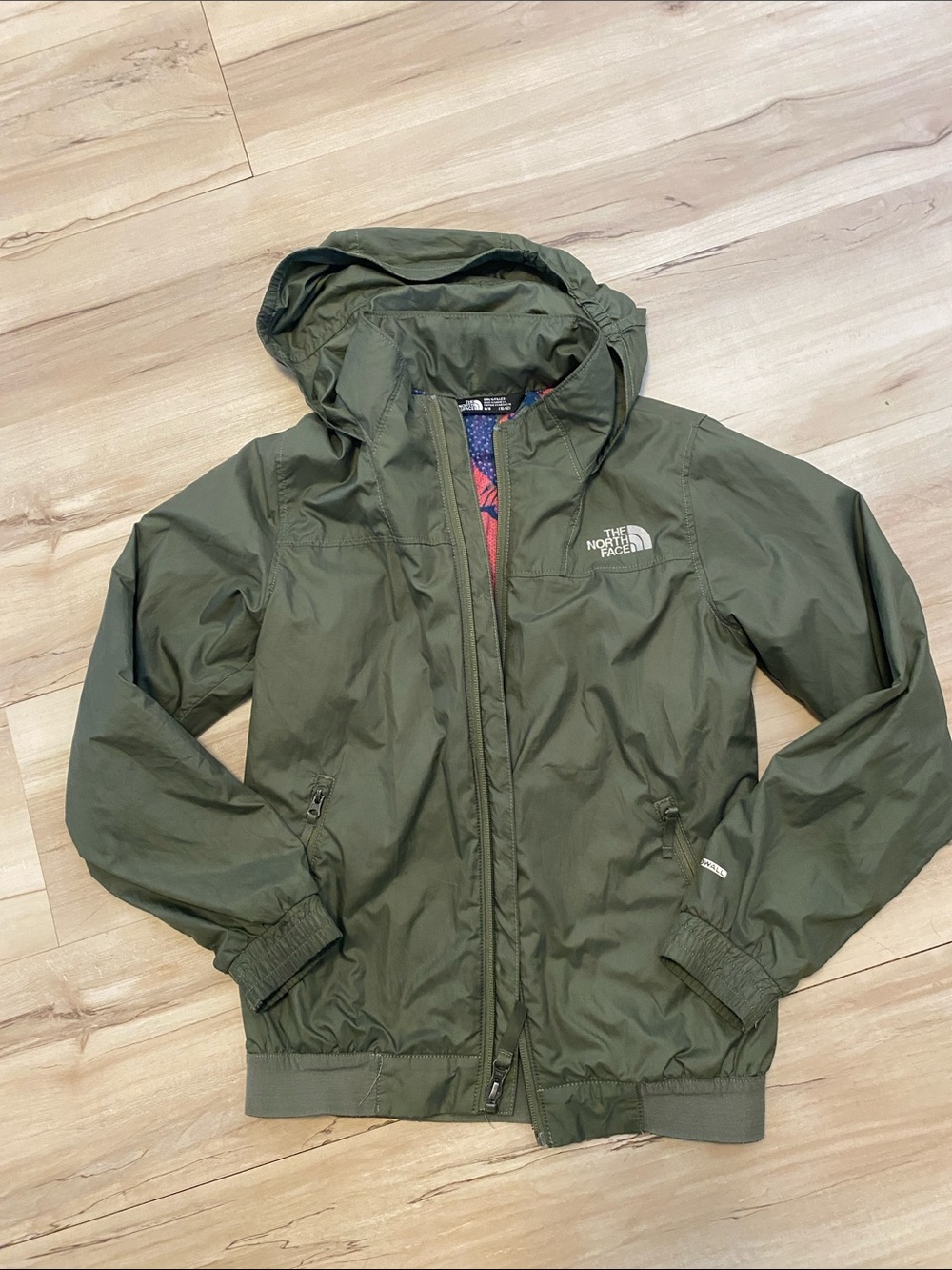 The North Face Girls Medium 10/12 Olive Green Windbreaker Jacket Floral Hooded